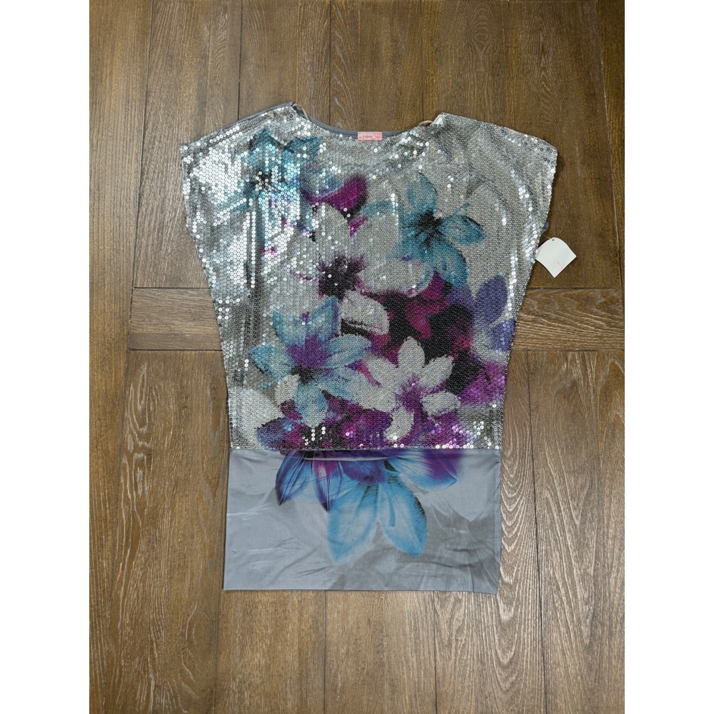B Sharp Girls Large Floral Sequin Tunic Top Gray Blue Purple Made USA